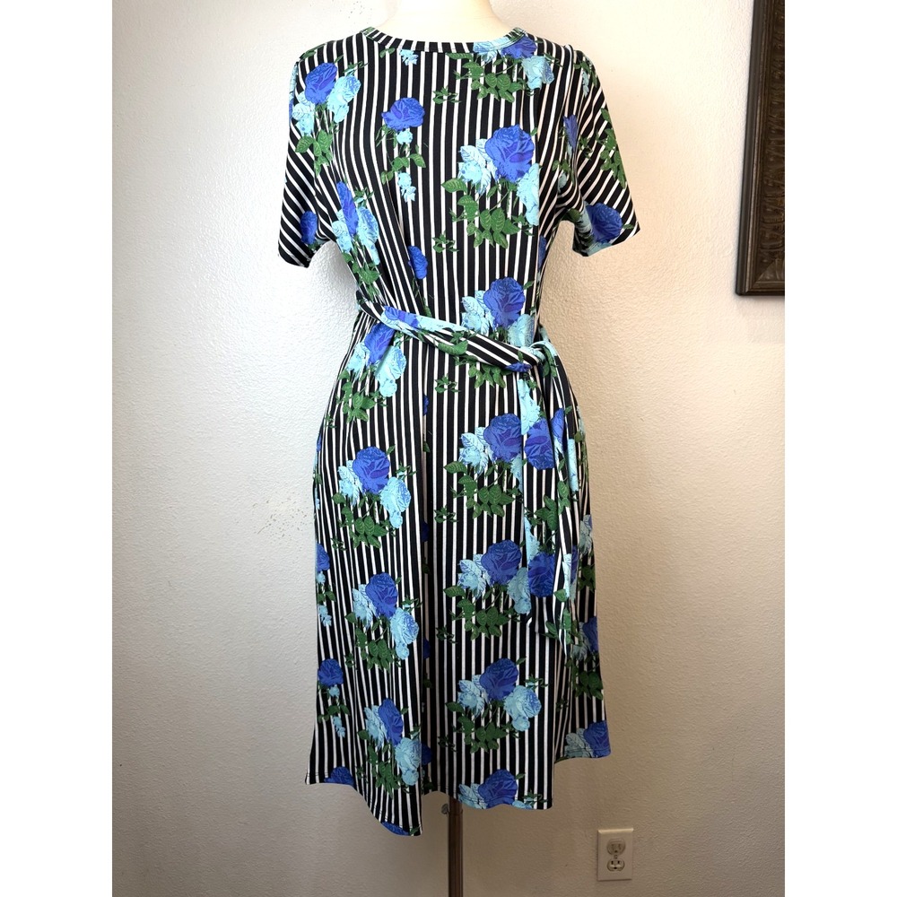 Lularoe Marly Size M Blue Floral On Black & Off White Stripes Belt Pockets